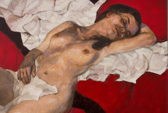 Joanna in red - modern painting of nude woman