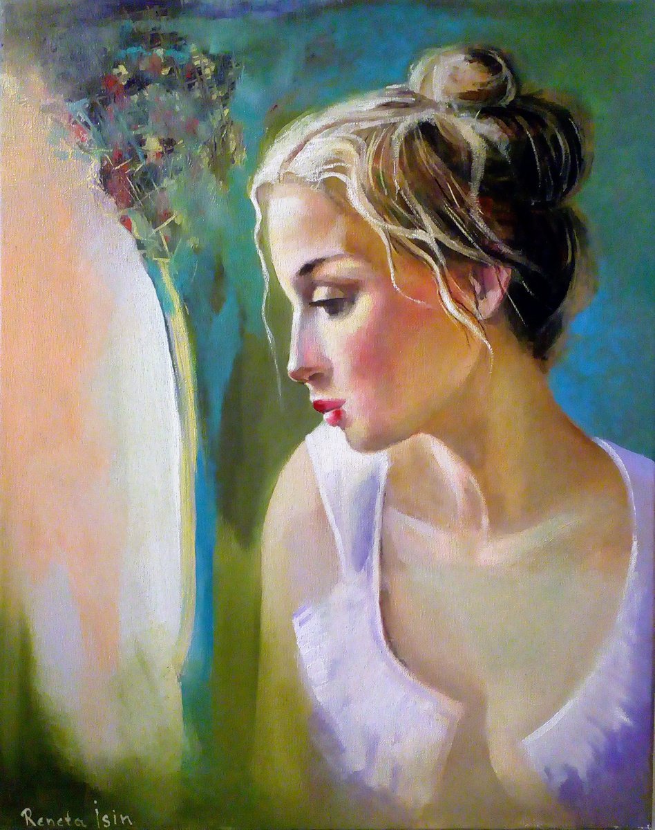 Impressionistic Portrait Oil Painting By Reneta Isin, 16 X 20", " My Secret Window ", Original Artwork