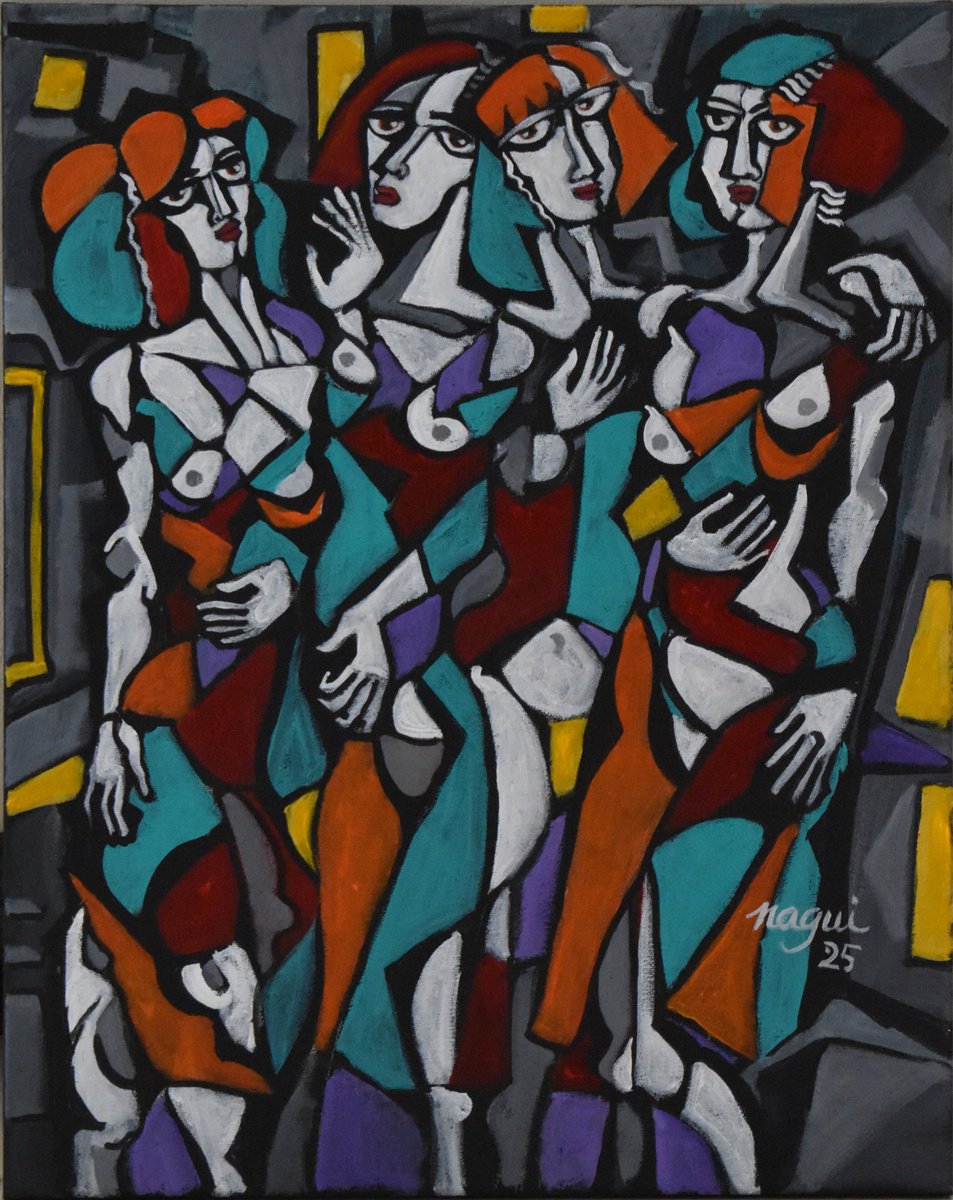 Expressive Portrait Acrylic Painting By Nagui, 16 X 20", Les Demoiselles, Original Artwork