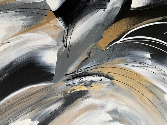 Wild and Free - XL LARGE;  GOLD, BLACK & WHITE ART; MODERN ABSTRACT ART – EXPRESSIONS OF ENERGY AND LIGHT. READY TO HANG!