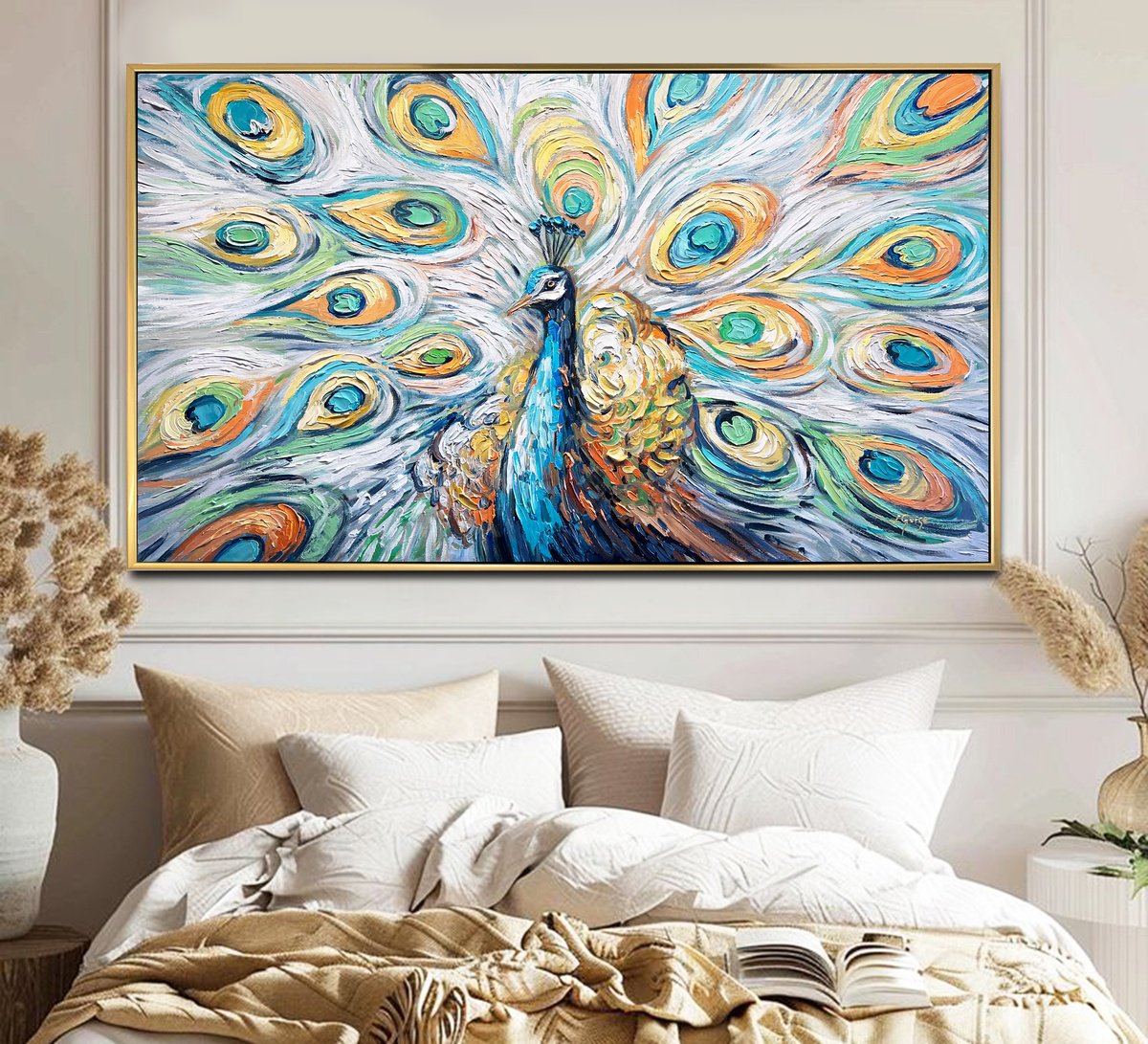 Abstract Animal Acrylic Painting By Lana Guise, 49 X 29", Majestic Peacock, Original Artwork