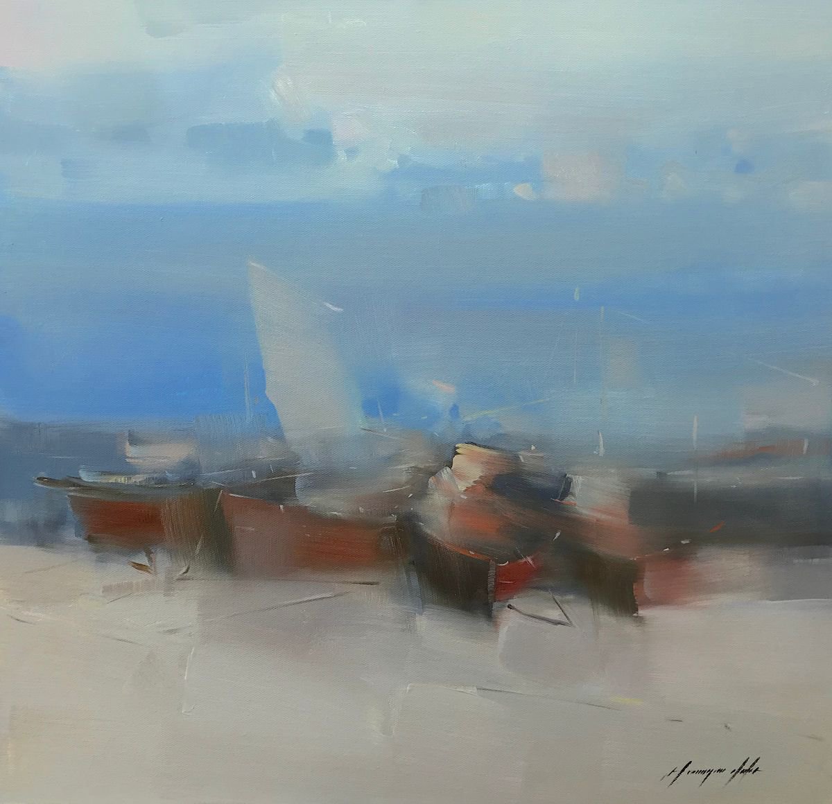 Boats on the Shore, Original oil painting, Handmade artwork, One of a kind by Vahe Yeremyan