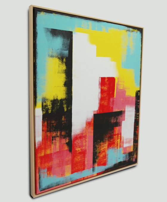 Vertical Abstract Painting - Incl Frame - Untitled in Yellow & Red - 95x115cm - Ronald Hunter - 06J