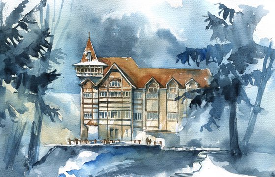 "Old castle in the forest" architectural artwork in watercolor