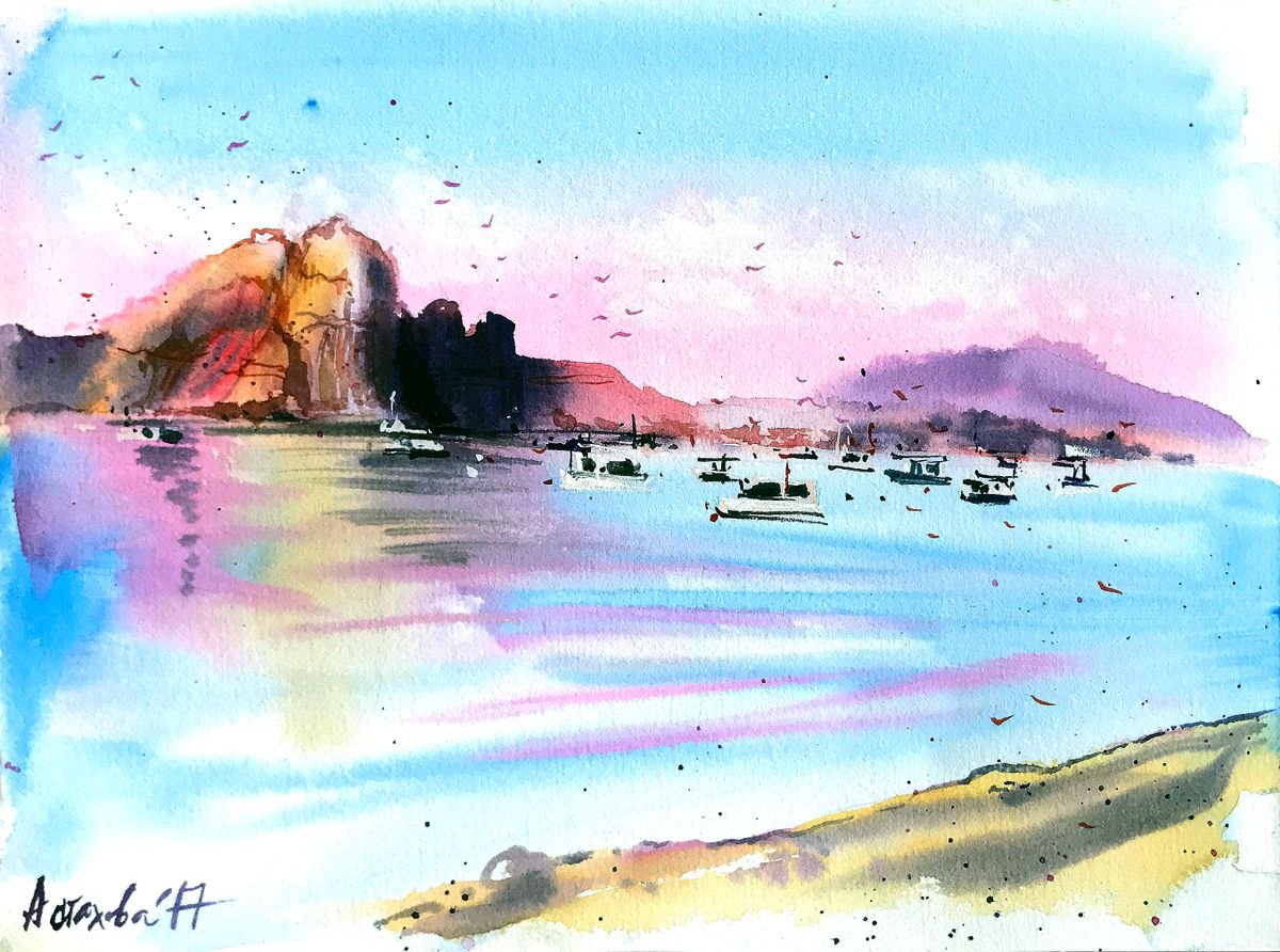 Impressionistic Landscape Watercolour By Ksenia Astakhova, 13 X 9", Sunset On The Lake Powell, Original Artwork