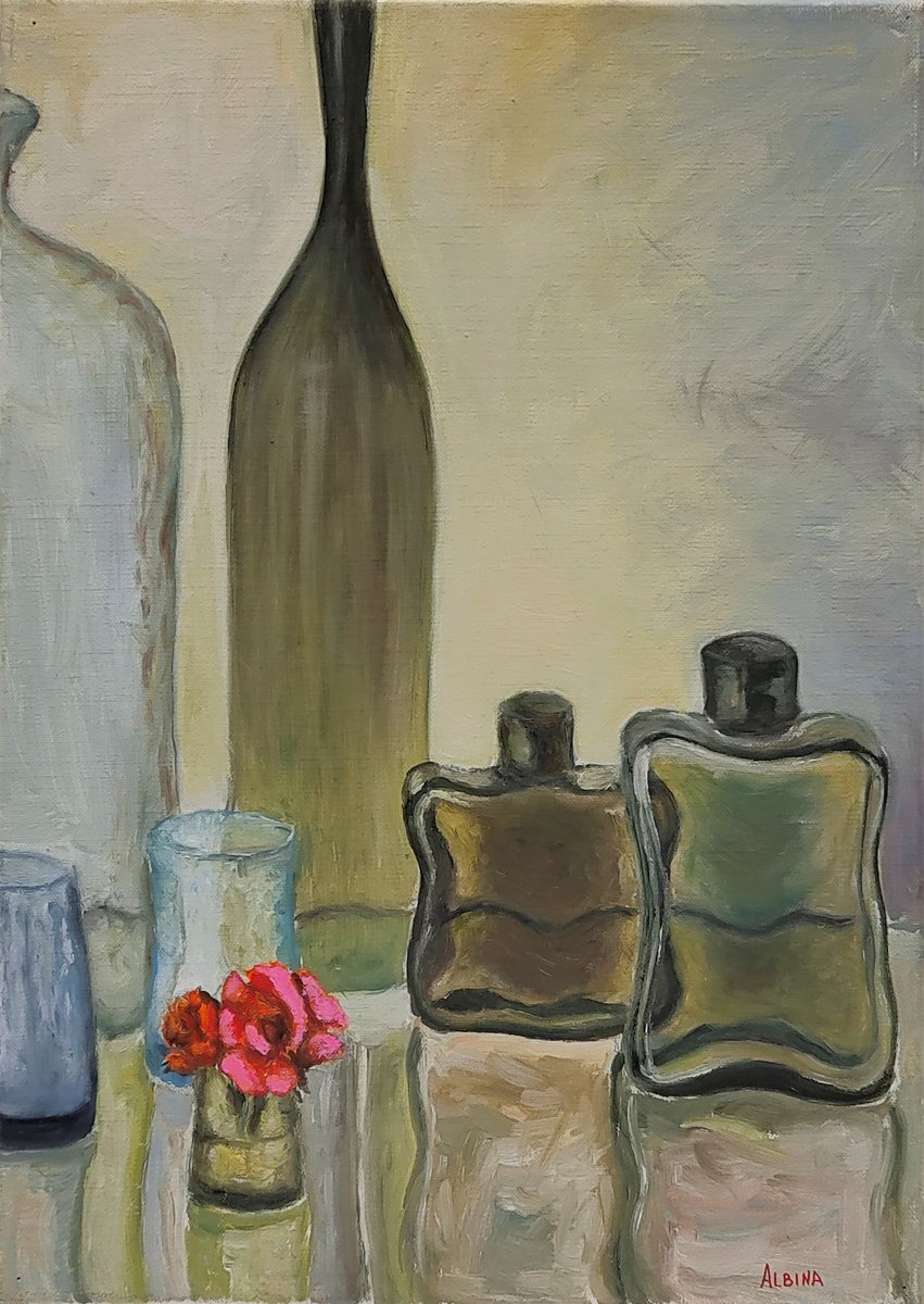 Impressionistic Still Life Oil Painting By Albina Urbanek, 13 X 18, Cologne Bottles, Original Artwork