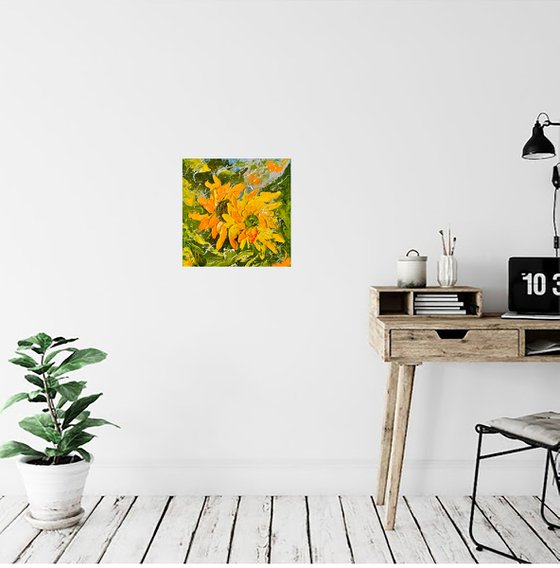 Sunflower Painting Floral Original Art Flower Small Oil Impasto Palette Knife Artwork 10 by 10 inches