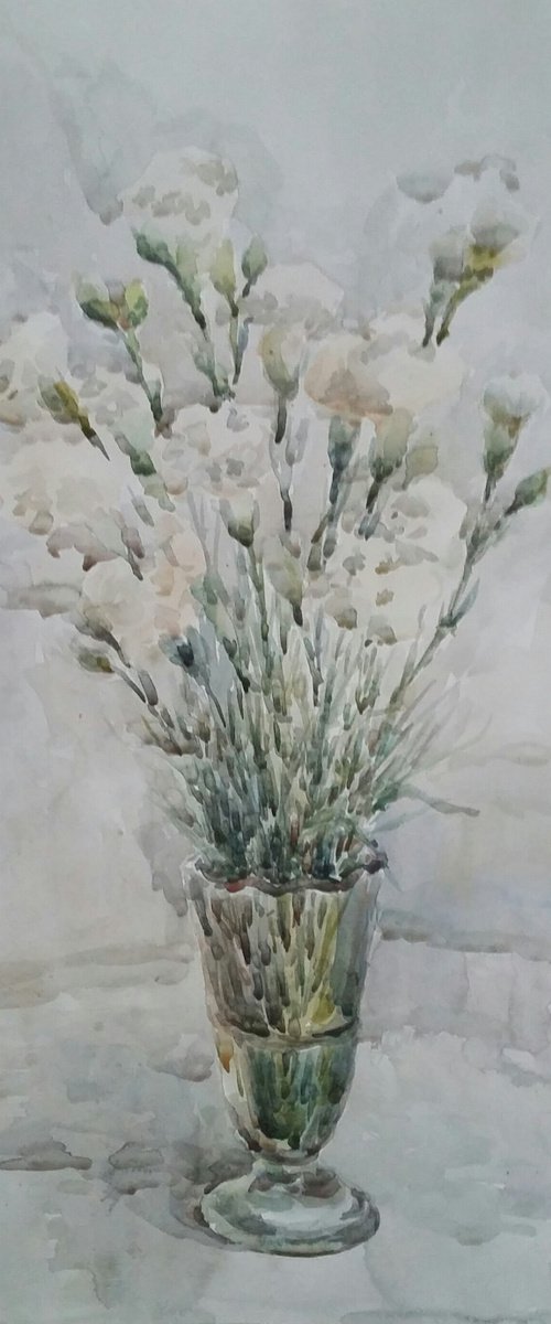 White carnation. Original watercolour painting by Elena Klyan