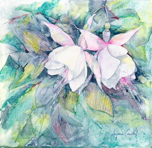 Fuchsia Painting, Original Painting, Floral art, Mixed media, collage, pink, green, flower painting by Anjana Cawdell