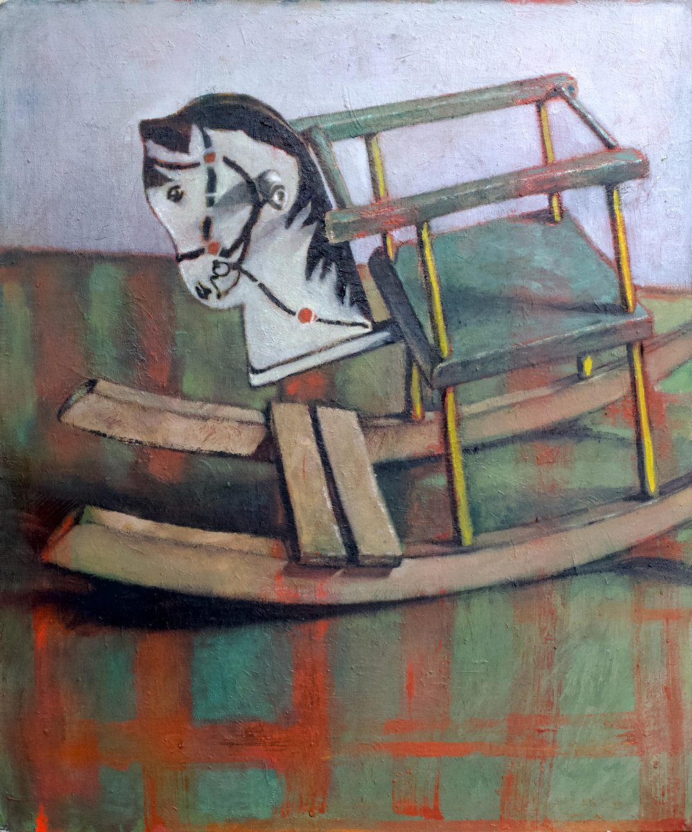 Impressionistic Still Life Oil Painting By Marina Skepner, 20 X 24", Rocking Horse, Original Artwork