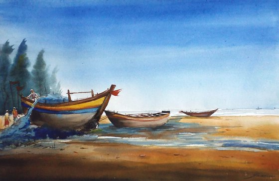 Fishing Boats at Seashore - Watercolor painting