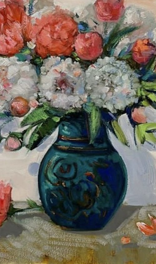 Peonies in Emerald Vase by Gulshaba Abbasova