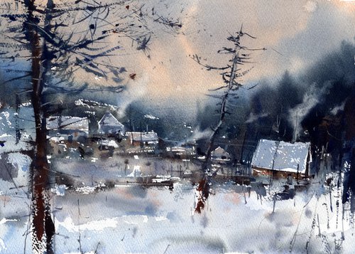 Winter village by Yurii Prysiazhnyi