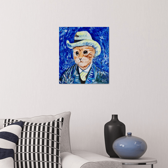 Cat in a hat La Van Gogh dressed in a smart suite. Version of famous self portrait of  Vincent Van Gogh