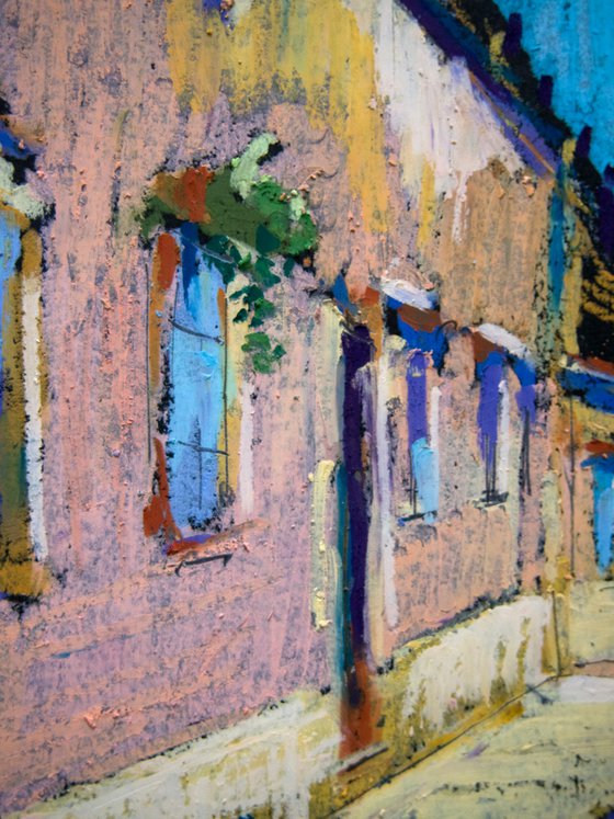 Sunny street in Faro, Portugal. Oil pastel painting. Small travel interior decor gift spain shadow original impression