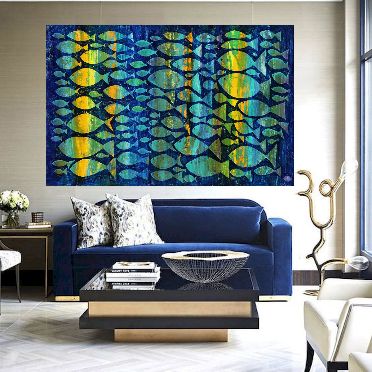 Organic Animal Acrylic Painting By Denys Kuvaiev, 57 X 36, Many Fishes, Original Artwork