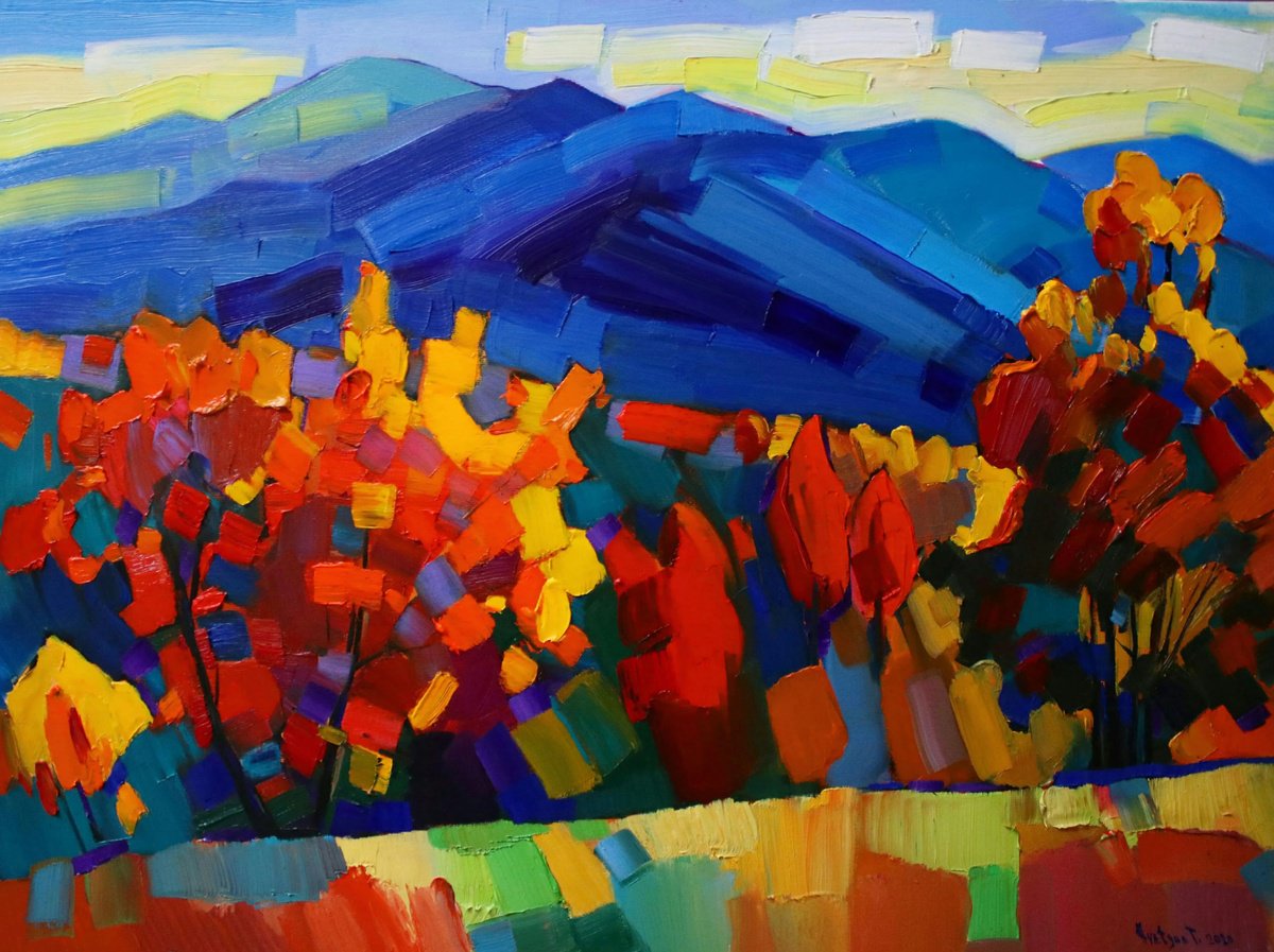 Impressionistic Landscape Oil Painting By Tigran Avetyan, 30 X 22", Autumn Landscape In The Mountains, Original Artwork