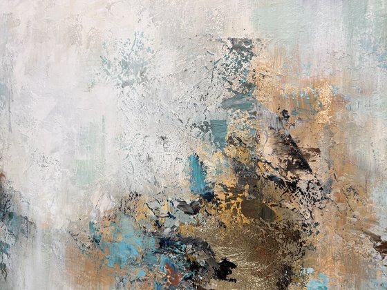 Awake - White Abstract Gold Teal Painting Original, Large Size, Gold Leaf, Sky, Living Room Art, Wall Art Decor Size: 48"x32" (120x80 cm)