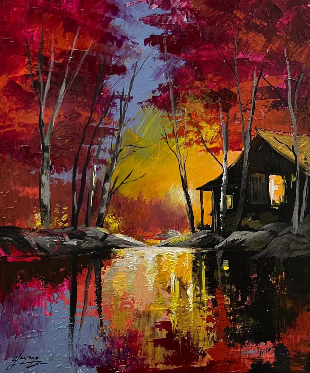 House At Burning Sunset By Vahe Bagumyan, 20 X 24, Artwork For Sale On Artfinder