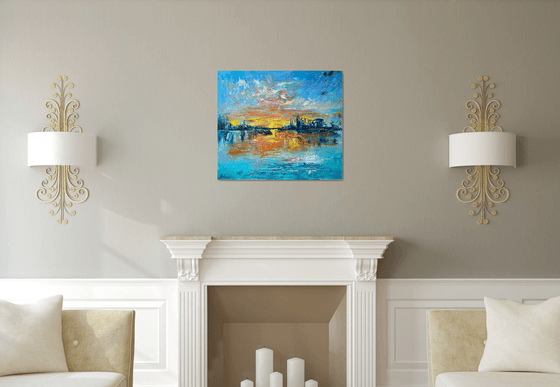 Sunset - Big city never sleeps, 70*80cm, impressionistic landscape oil painting in orange and turquoise