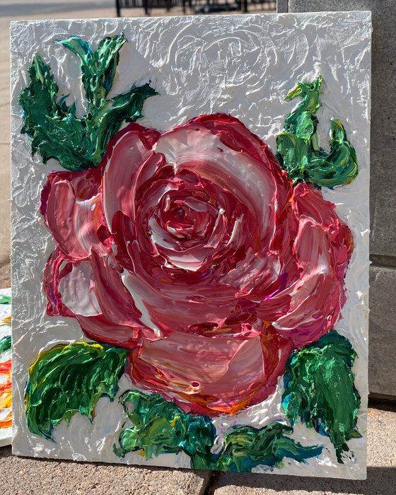 The Rose Flower palette knife painting is 10" x 8" on Gator board.