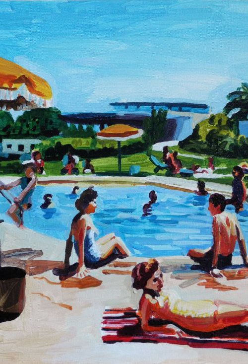 pool scene with yellow umbrella by Stephen Abela