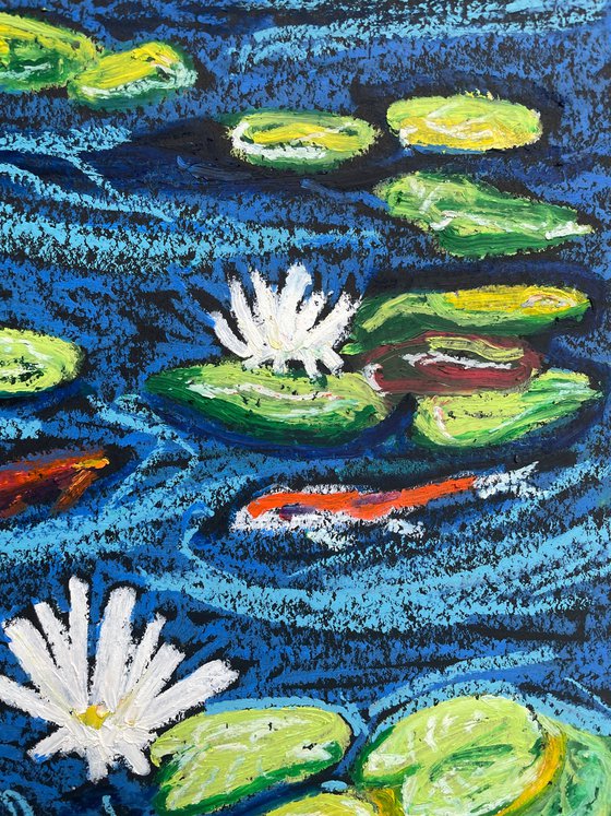 Koi Fish Painting, Original Oil Pastel Drawing, Feng Shui Art, Fish Artwork, Carp Wall Art