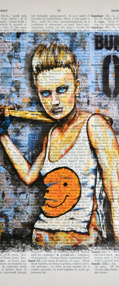 Punk Girl With Baseball - Collage Art on Large Real English Dictionary Vintage Book Page by Jakub DK - JAKUB D KRZEWNIAK