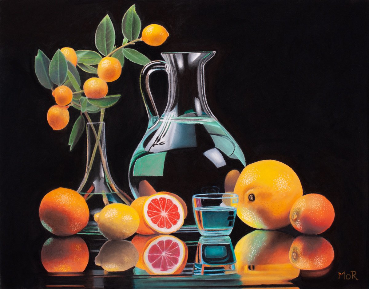 Photorealistic Still Life Pastel Drawing By Dietrich Moravec, 20 X 16, Citrus Fruits And Glass, Original Artwork