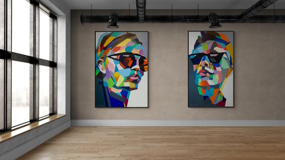 Super Big XXXL Painting - "Love" - Pop Art - Bright - Diptych - Portrait - Geometric painting