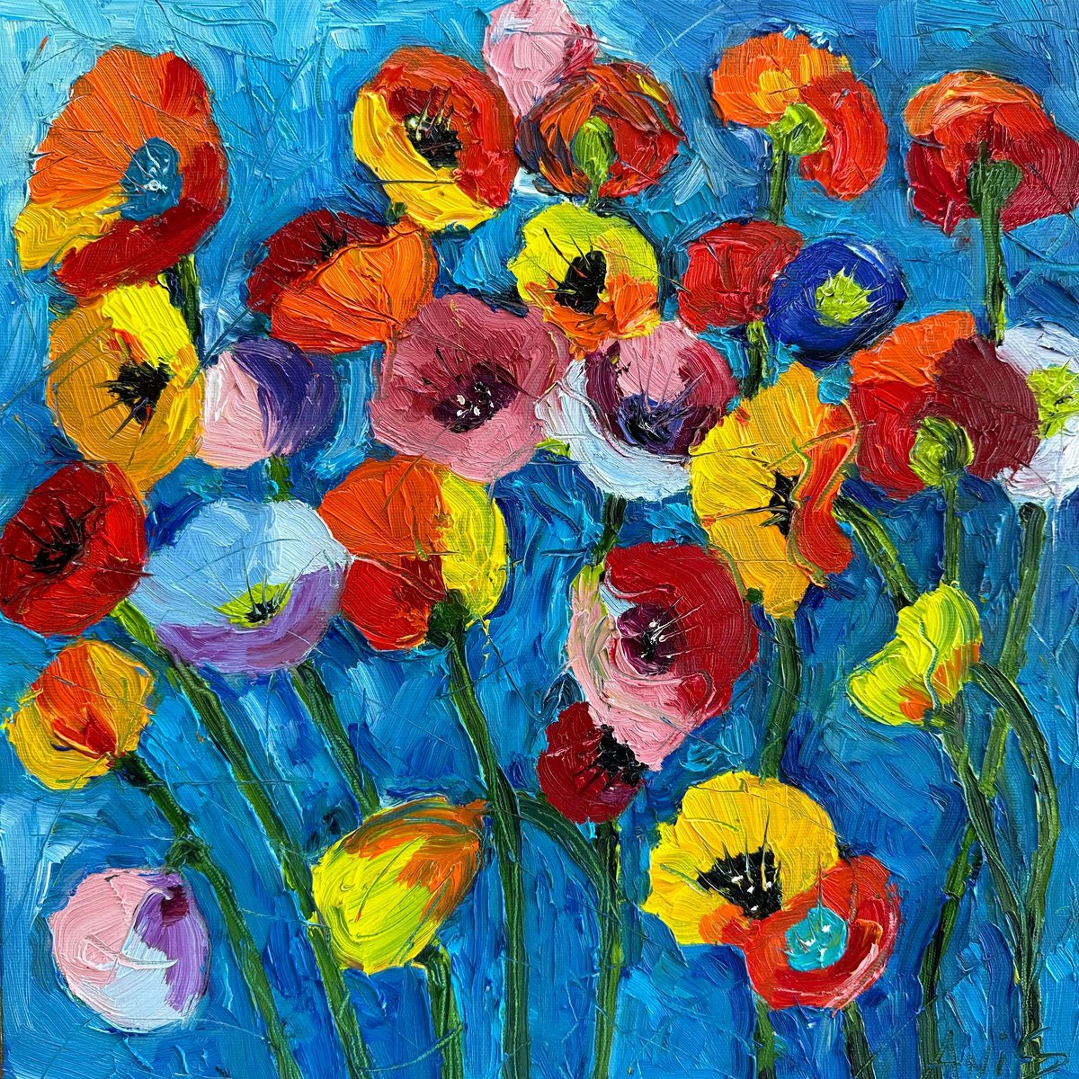Impressionistic Botanical Oil Painting By Irina Anis, 16 X 16, Colorful Poppies, Original Artwork
