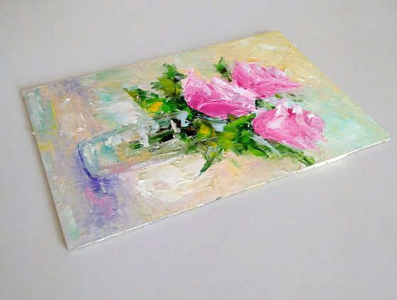 Pink Rose Painting Original Art Small Oil Artwork Flower Wall Art Floral Mini Oil Painting