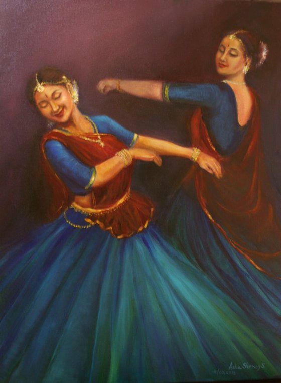 Indian Dancers -Dancing Gopis (Third of the Series of 8 paintings on Gopi Geeth)