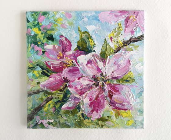 Sakura blossom, pink cherry flowers, small floral painting