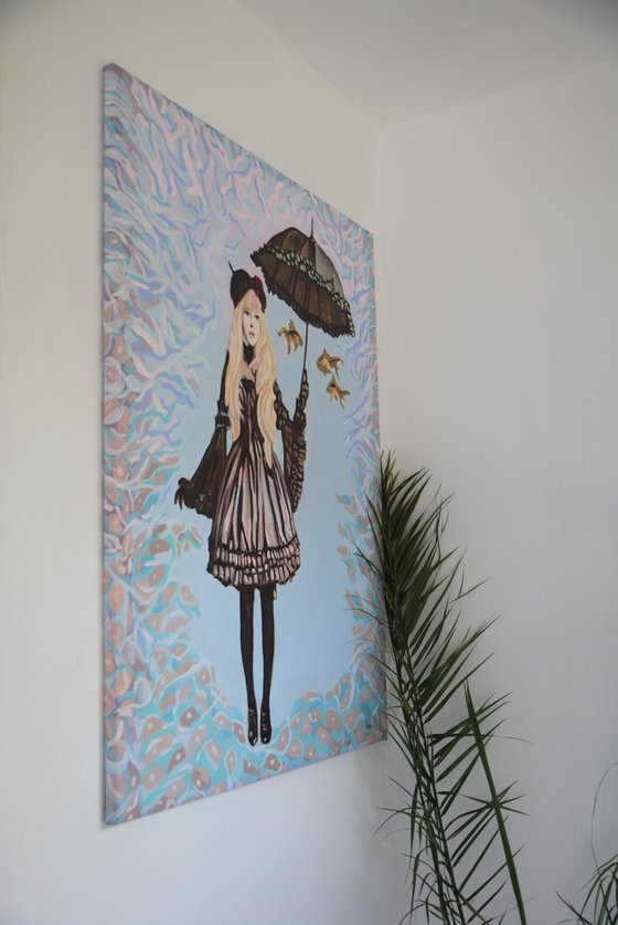 Girl with umbrella and three goldfish / 94.8  x 73.8 x 2.5 cm