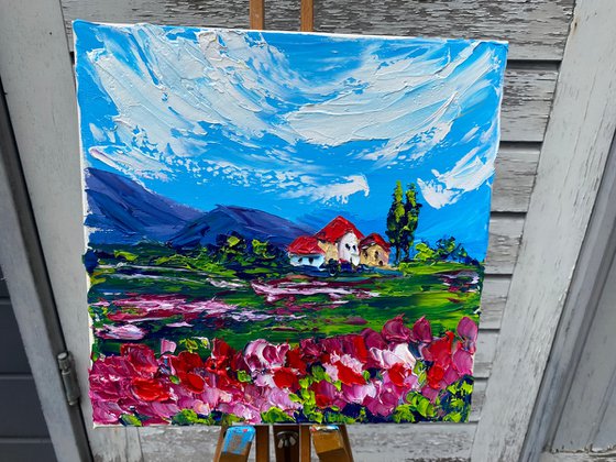 The small house in the valley among the flowers. Impasto painting