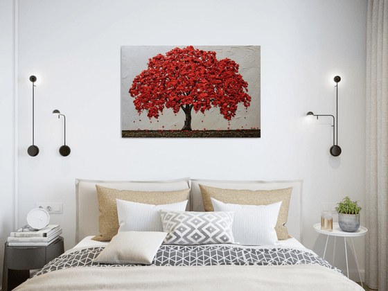 Red Oak Original Abstract Textured Tree Painting, Red White Bronze Artwork