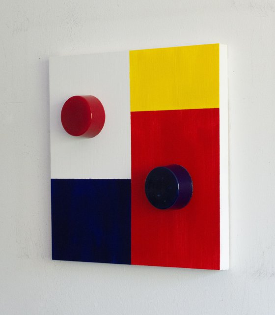 "Available Sold (Mondriaan)" (35x35x7cm) - Unique sculpture on wood (abstract, Mondriaan, original, painting, acrylic, resin, wood, 3D)