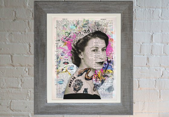 The Queen Elizabeth II Snake Tattoo - Collage Art on Large Real English Dictionary Vintage Book Page