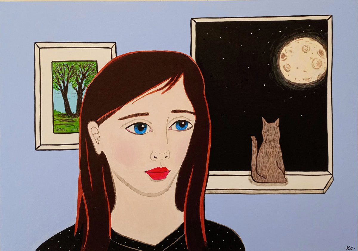 Moon Cat - 8.25 x 11.75 in by Kitty  Cooper