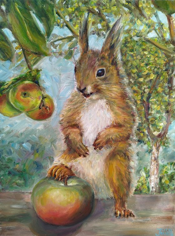 Squirrel With An Apple, oil on canvas