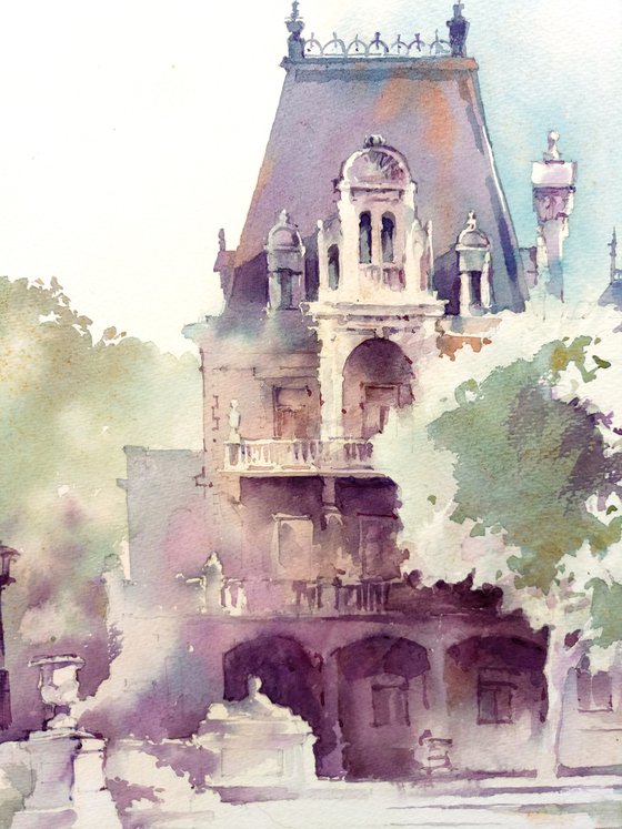 "Massandra Palace in Yalta" original watercolor painting in bright colors