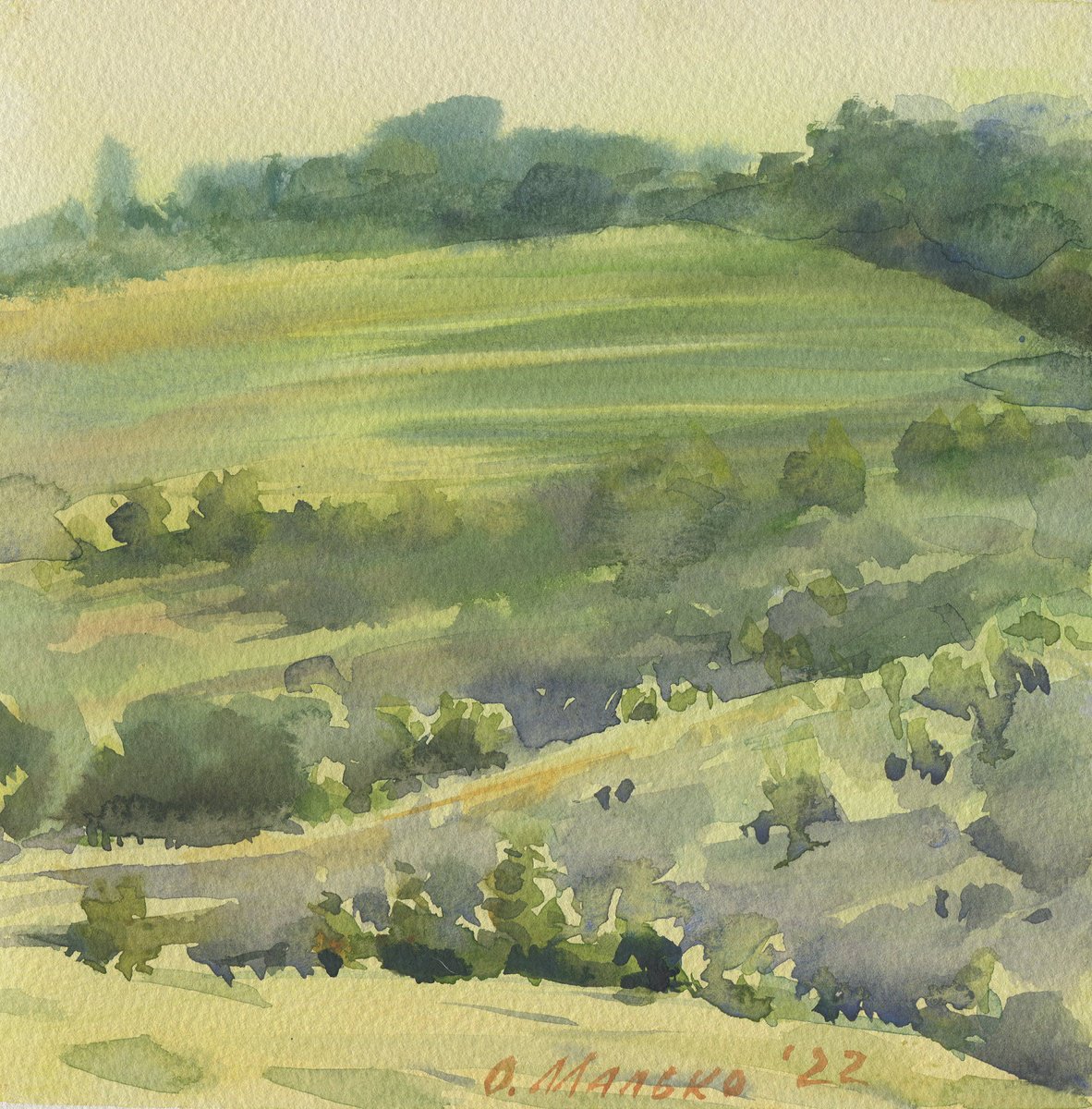 Green hills. Summer sketch / ORIGINAL picture Small size watercolor Square format by Olha Malko