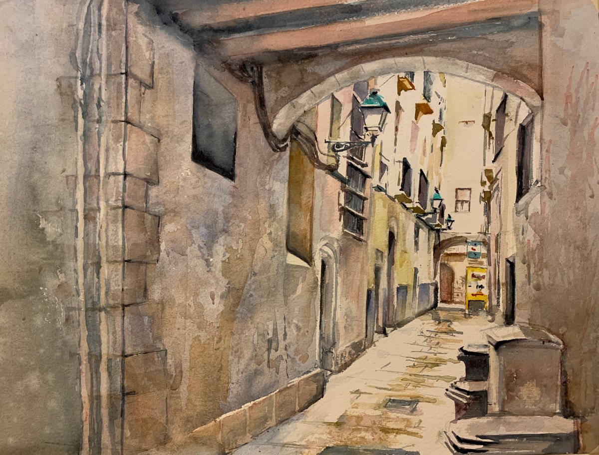Impressionistic Cityscapes Watercolour By Yoshiko Murdick, 16 X 12", Old Barcelona, Original Artwork