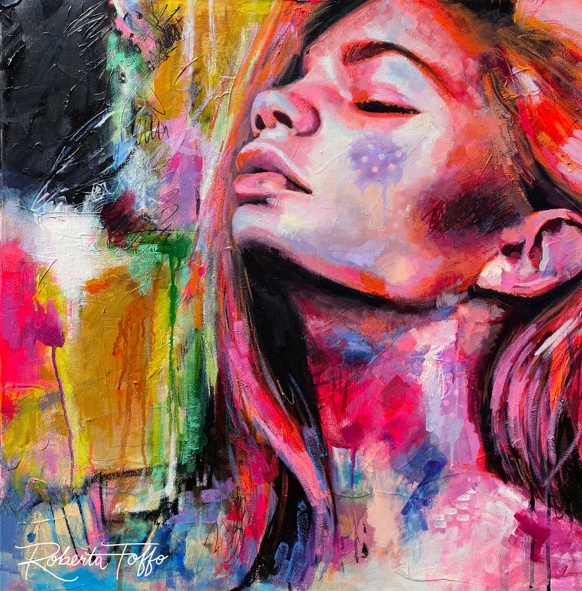 Expressive Portrait Oil Painting By Bold Ro, 28 X 28, Facing Fear, Original Artwork