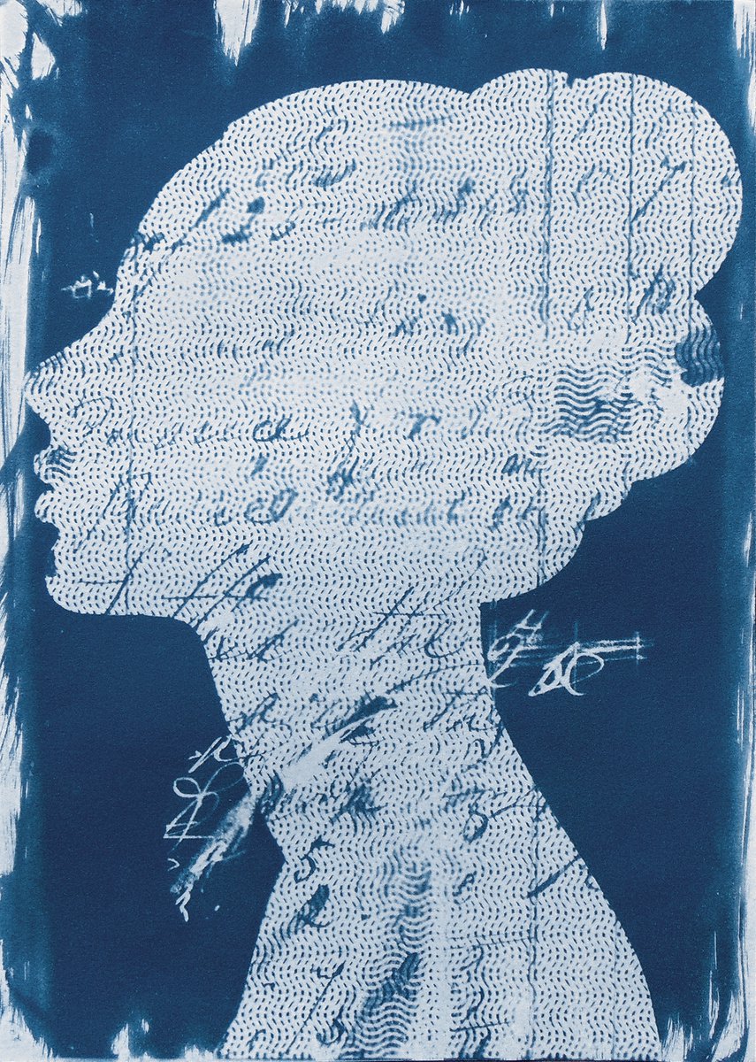 Graphic Portrait Print By Manel Villalonga, 12 X 17", Cyanotype 22 Vintage Portrait, Original Artwork