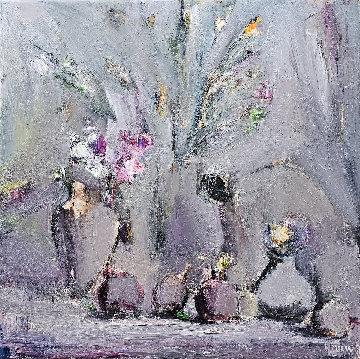 Abstract Still Life Oil Painting By Vlas Ayvazyan, 28 X 28", Veiled Harmony, Original Artwork