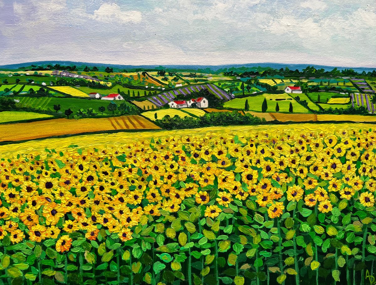 Impressionistic Landscape Acrylic Painting By Amita Dand, 12 X 10, Far Away Lavender Fields, Original Artwork