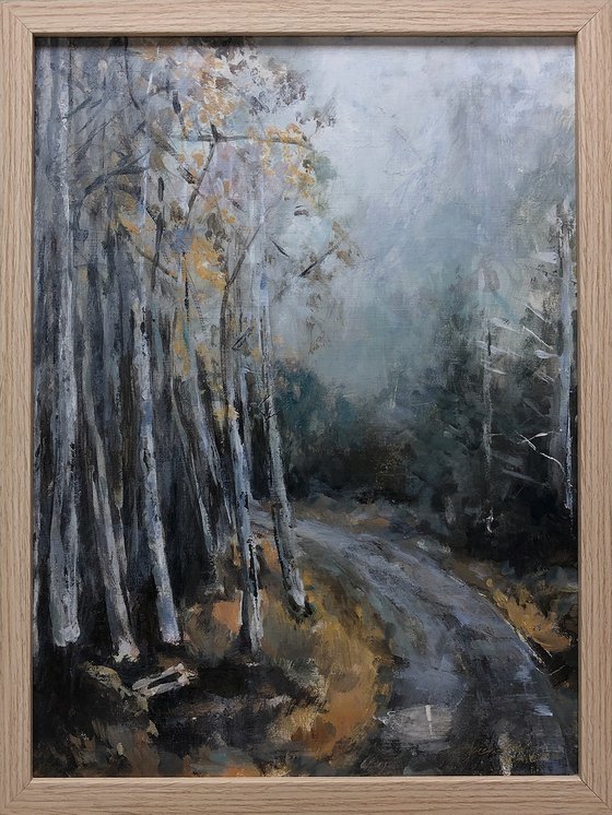 Misty road with birch trees