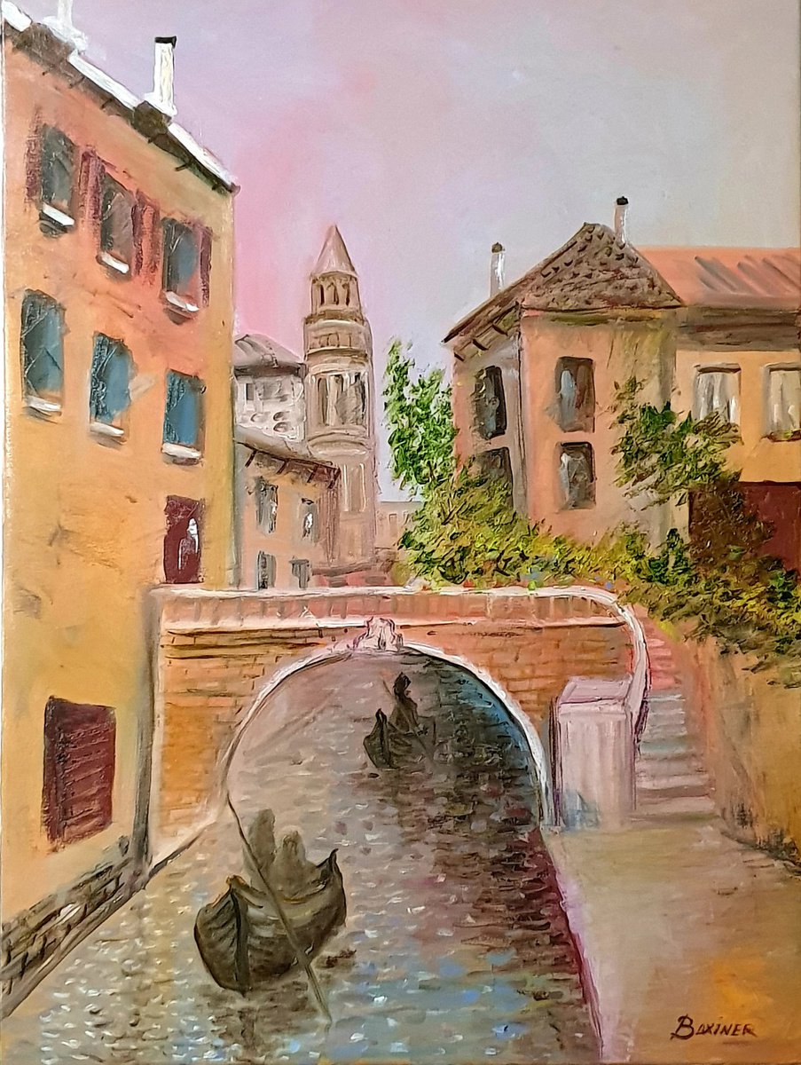 Impressionistic Cityscapes Oil Painting By Leo Baxiner, 24 X 31", Gondola, Original Artwork